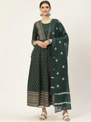 Printed Dark Green Long Top and Dupatta