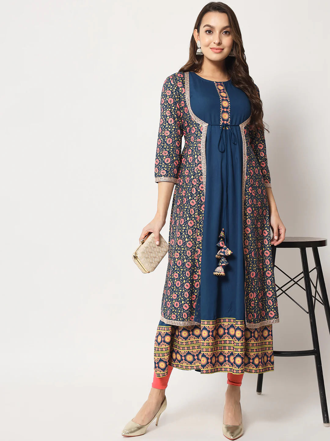 Long Jacket Floral Printed Kurti Top-1