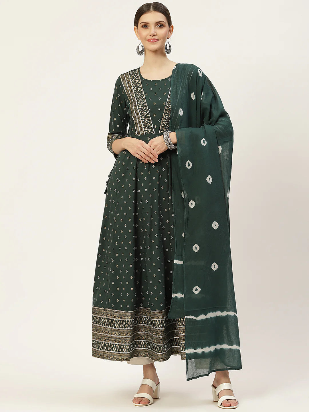 Printed Dark Green Long Top and Dupatta