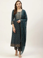 Dark-green Kurta Set (3 Pieces)