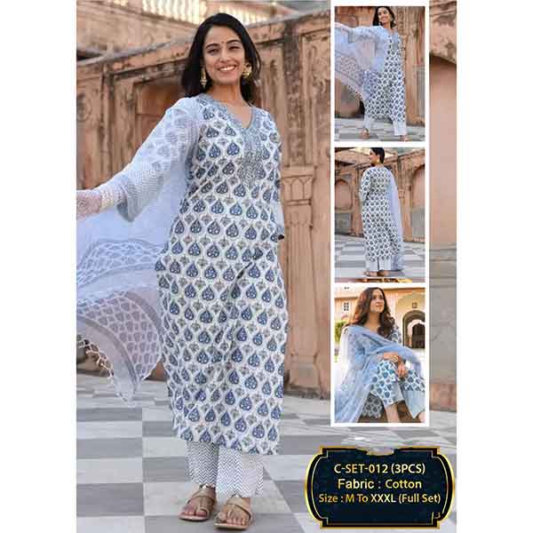 Blue and White Kurta Set (3 Pcs)-1
