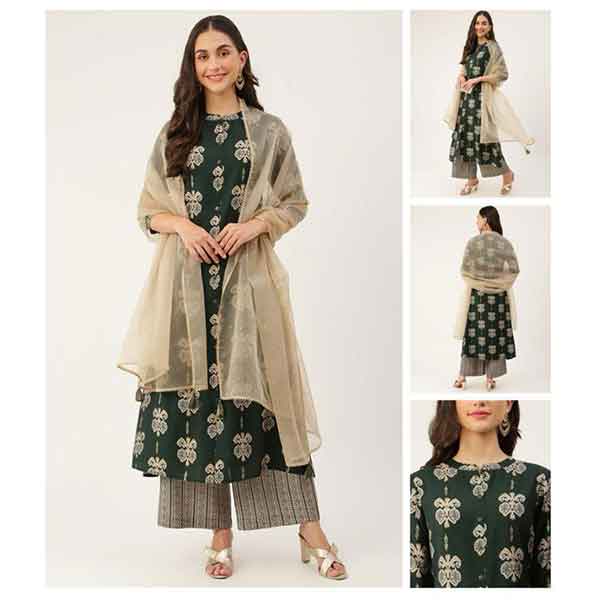 Chanderi Printed Kurta Set (3 Pcs)-1